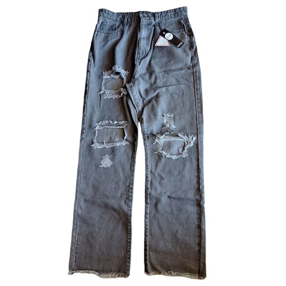 boohoo Blue Gray Denim Jeans High Waist Straight Leg Womens 8 Distressed Rip - Picture 1 of 12